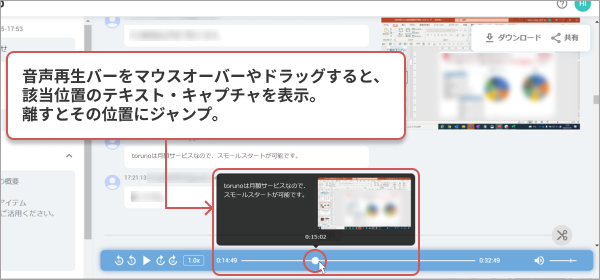 音声再生バーの上に文字起こし結果と画面キャプチャのサムネイルが表示されます。