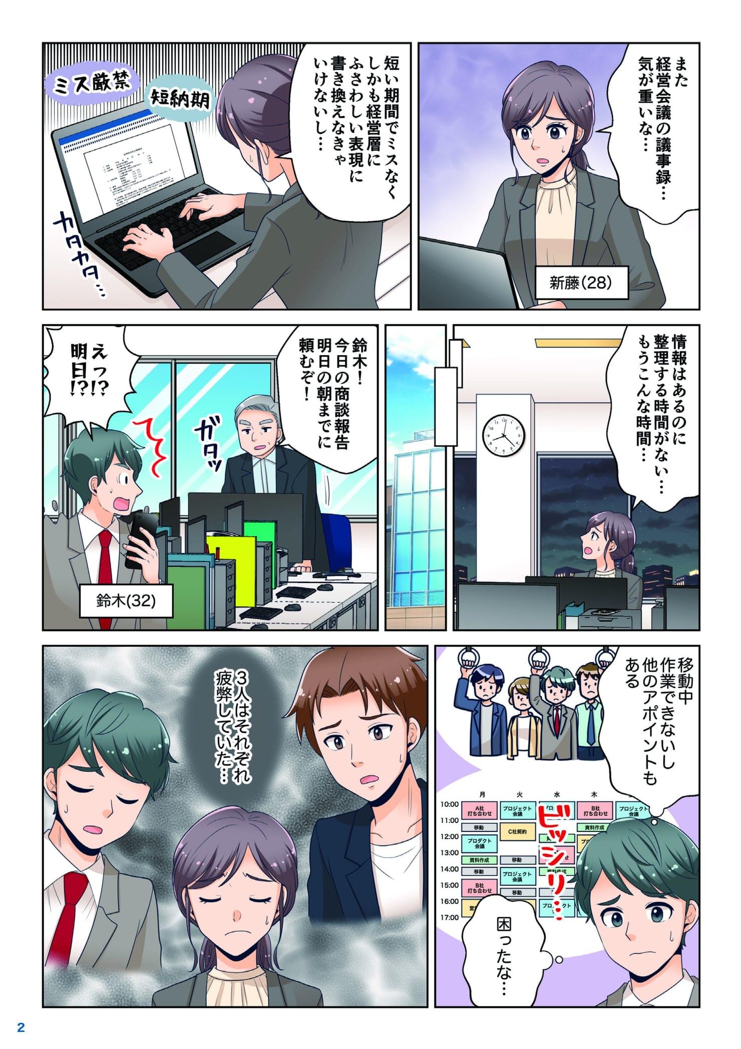 経営企画の新藤と営業の鈴木も議事録作成や資料作成に追われ3人とも疲弊している場面